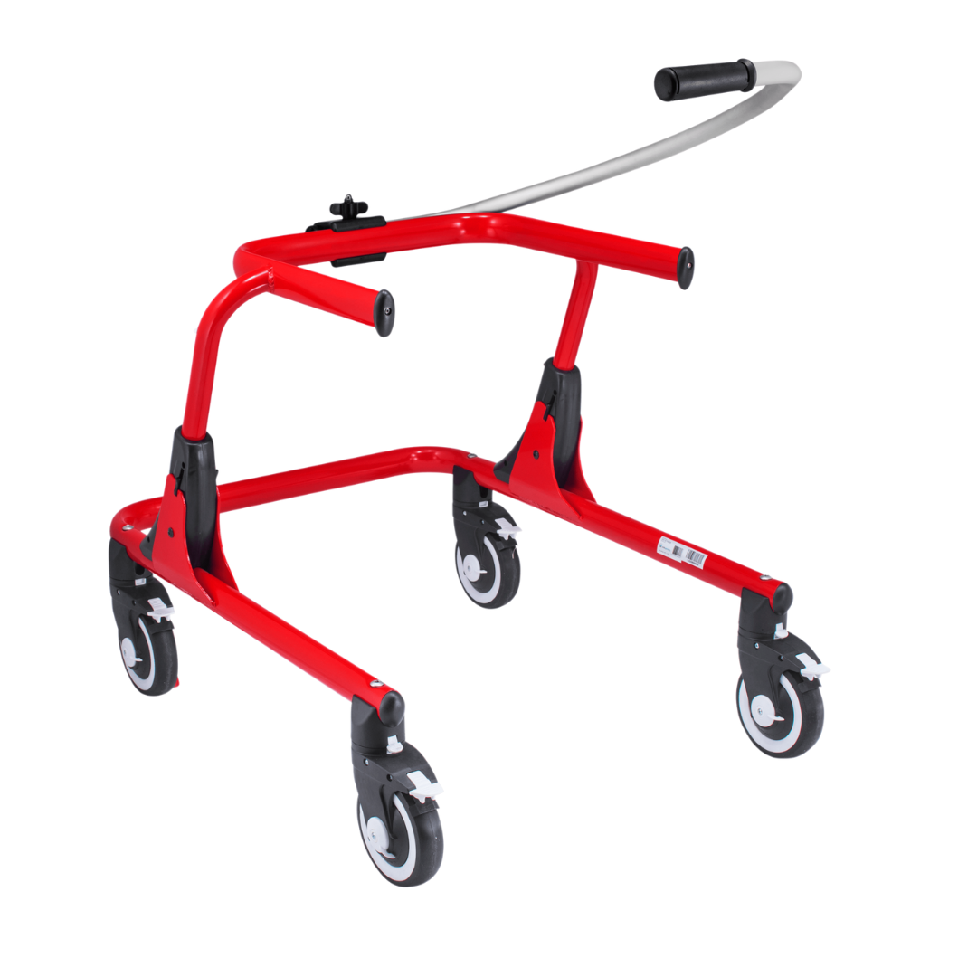 The Guide Bar For Pivot Gait Trainer is a red pediatric posterior walker with four large wheels, two handles, and a curved gray crossbar. Its open rectangular frame supports gait training and boosts mobility and confidence from behind.